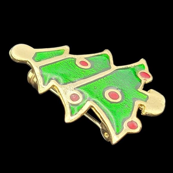 Vintage Christmas Tree Lapel Pin Brooch Gold Tone Metal Enamel Green Red 1.5" - Picture 2 of 5